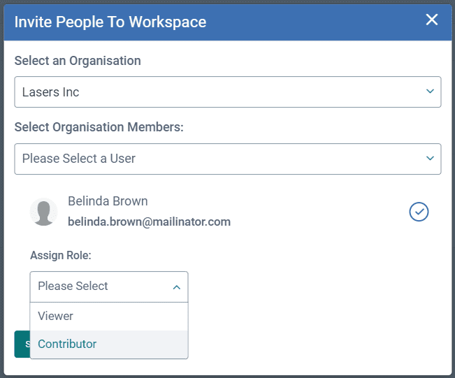 Invite Workspace Collaborators and set whether the individual users have an editing (Contributor) or a view-only (Viewer) role.